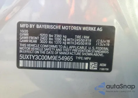 2021 BMW X3 Sdrive30I z USA, uszkodzony, nr VIN 5UXTY3C00M9E54965